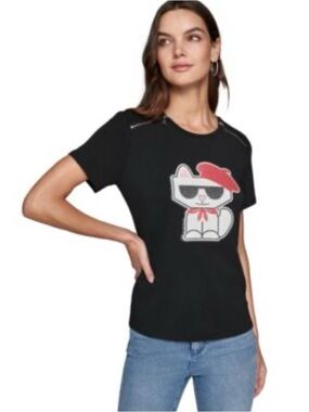 Karl Lagerfeld Paris Women's Choupette Beret Graphic T-Shirt - Large
